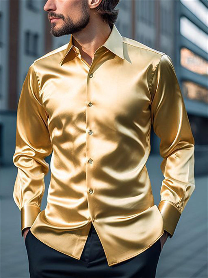 Men's Long Sleeved Button Up Shiny Satin Dress Shirts