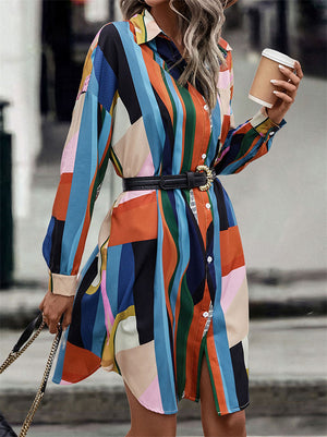 Women's Trendy Contrast Color Lapel Knee Length Shirt Dress