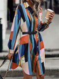 Women's Trendy Contrast Color Lapel Knee Length Shirt Dress