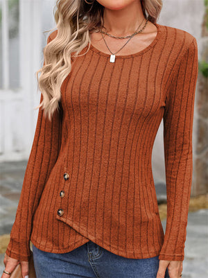 Women's Ribbed Knit Solid Color Round Neck Long Sleeve Shirts