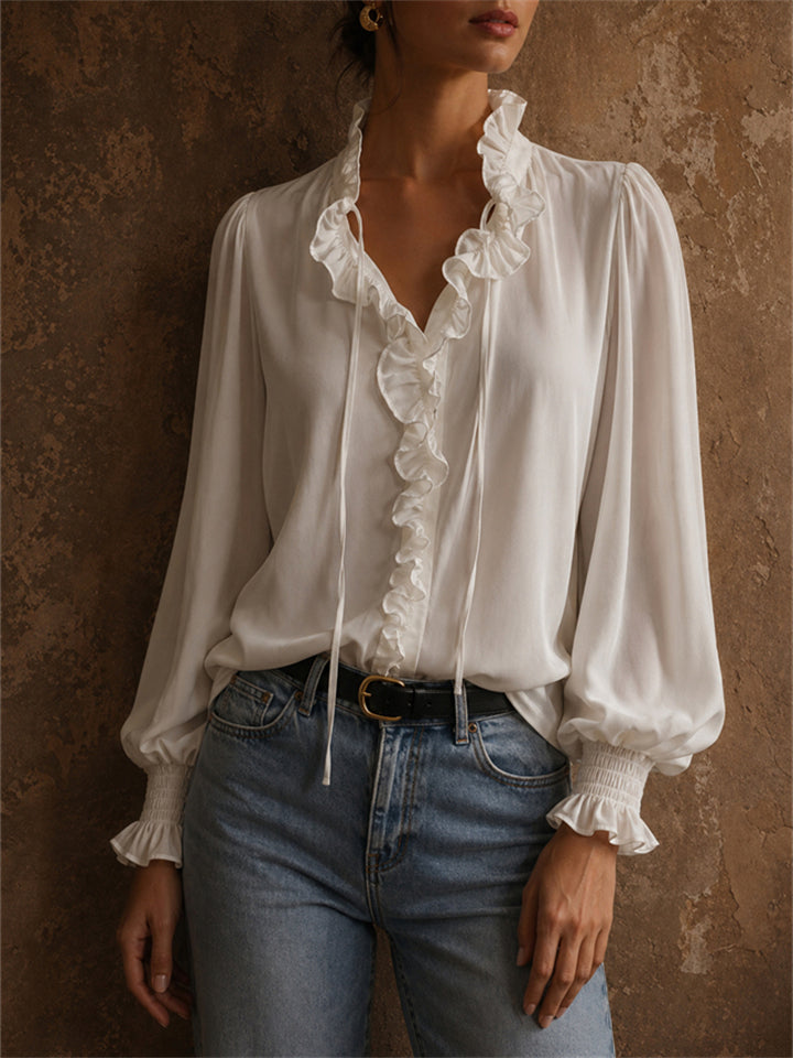 Women's White Elegant V Neck Vintage Lantern Sleeve Ruffle Blouse