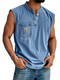 Men's Retro Cotton Distressed Pocket Sleeveless Henley Shirts