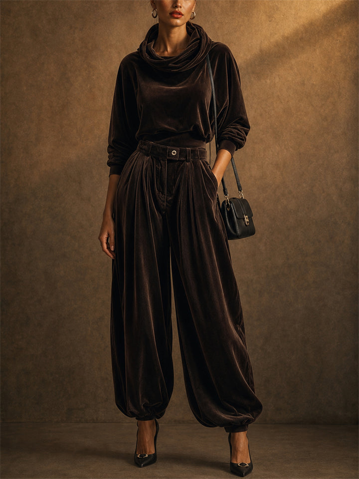 Women's 2 Piece Chic Coffee Velvet Hooded Top and Wide Leg Cuffed Pants Set