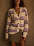 Women's Fuzzy Color Block Striped Mohair Knit Cardigan Sweater