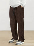 Men's Trendy Loose Fit Textured Striped Pleated Trousers with Big Pockets