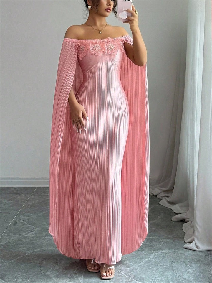 ‌Pink Off-Shoulder 3D Flowers Cape Pleated Maxi Evening Dress for Women‌