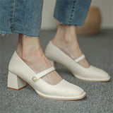 Vintage Square Toe Pearl Chunky Heels Mary Jane Shoes