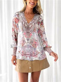 Women's Printed Pullover V-neck Lantern Sleeve Blouse