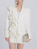 Ladies Elegant White Trendy 3D Flower Long Sleeve Suit Coat