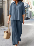 Women's 2Pcs Solid Color Casual Lapel Long Sleeve Shirt &Pants Set