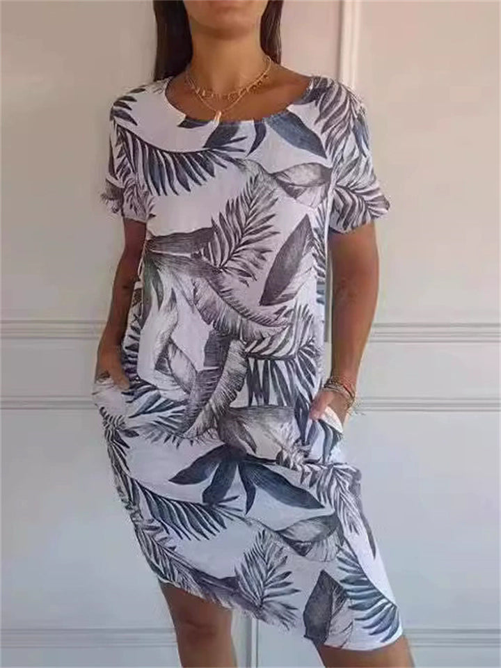 Women's Summer Causal Plants Printed Round Neck Knee Length Dress