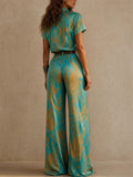 Women Boho Holiday Paisley Short Sleeve Wide Leg 2 Piece Set