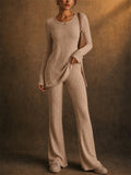 Women Ribbed Knit 2 Piece Lounge Long Sleeve Top and Flare Pants Set