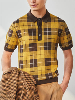 Men's British Style Contrast Color Plaid Yellow Polo Shirt