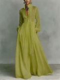 Women Spring Breathable Elegant Buttons Pleated Long Sleeve Maxi Dress