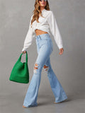 Female Temperament High Waist Ripped Denim Pants