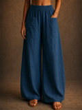Women Summer Elastic High Waist Wide Leg Pants with Pockets