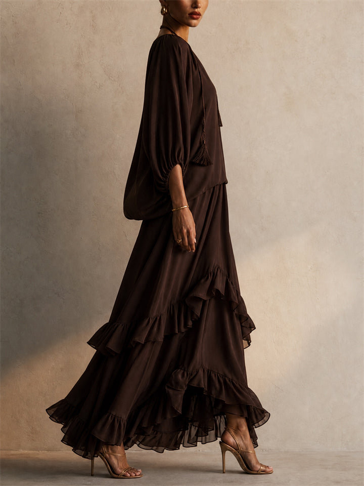 Womens Chiffon Boho 2 Piece V Neck Tassel Top Ruffle Maxi Skirt Set