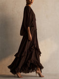 Womens Chiffon Boho 2 Piece V Neck Tassel Top Ruffle Maxi Skirt Set