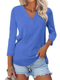 Women's Basic Casual Solid Color V Neck 3/4 Sleeve Shirts