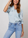 Women's Blue Single Breasted Lapel Denim Blouses