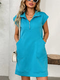 Women's Summer Solid Color Pockets Lapel Zip Above Knee Length Dress