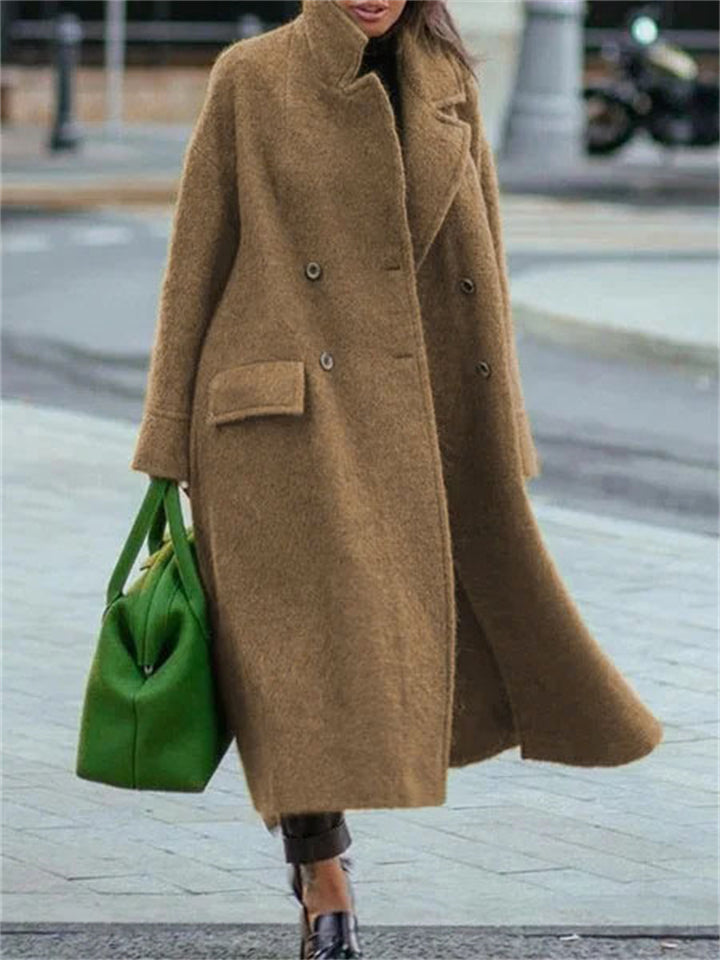 Elegant Suit Collar Long Sleeve Woolen Overcoat for Women