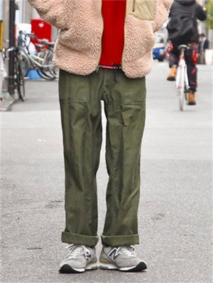 Men's Vintage Cotton Solid Color Mid-Waist Straight Cargo Trousers