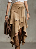‌Vintage Boho Suede Drawstring Asymmetrical Skirt for Women‌