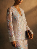 Women Floral Sequin Beads Trim Sheer Mesh Tie Front Cardigan Jacket