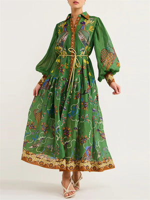 Women's Vintage Print Lantern Sleeve Button Up Green Long Dress