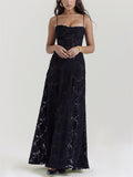 Ladies French Style Spaghetti Strap Backless Lace Long Dress