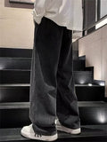 Men's Streetwear Faded Drawstring Elastic Waistband Wide Leg Denim Pants