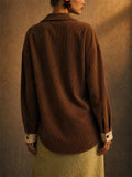 Women Color Block Corduroy Button Down Oversized Shirt