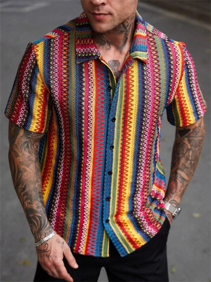 Men's Summer Holiday Style Color Block Striped Short Sleeve Shirts
