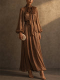 Women Metallic Pleated Tie Neck Lantern Sleeve Maxi Dress