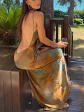 Women's Summer Sexy Print Satin Backless Strap Cocktail Dress