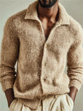 Men Fuzzy Knit Cardigan Button Down Collared Long Sleeve Sweater