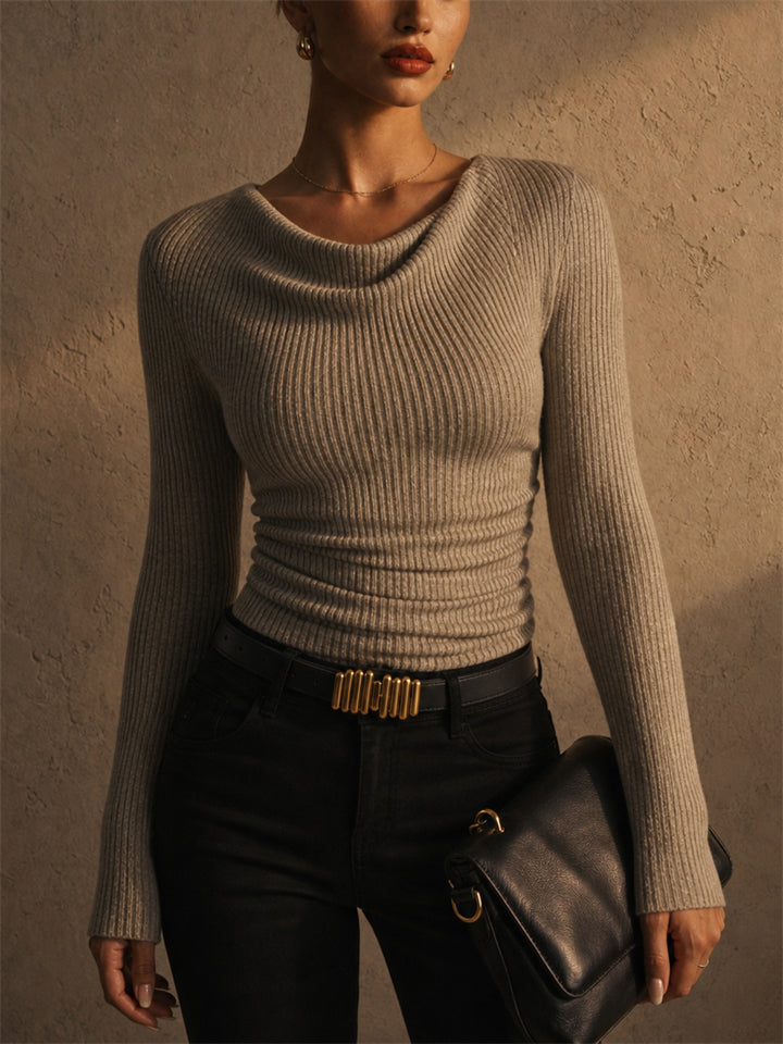 Women Slim Fit Pullover Cowl Neck Ribbed Knit Sweaters