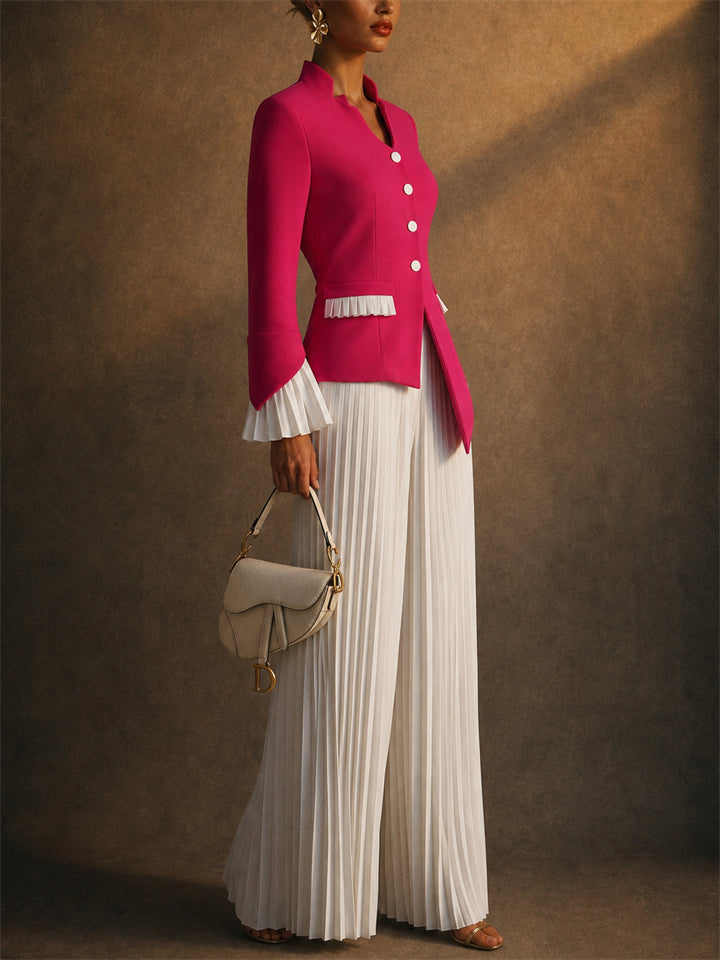 Women 2 Piece White Ruffle Blazer and Pleated Wide Leg Pants Set