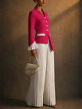 Women 2 Piece White Ruffle Blazer and Pleated Wide Leg Pants Set