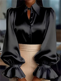 Women's Fashion Button Up Lapel Satin Ruffled Sleeve Blouses