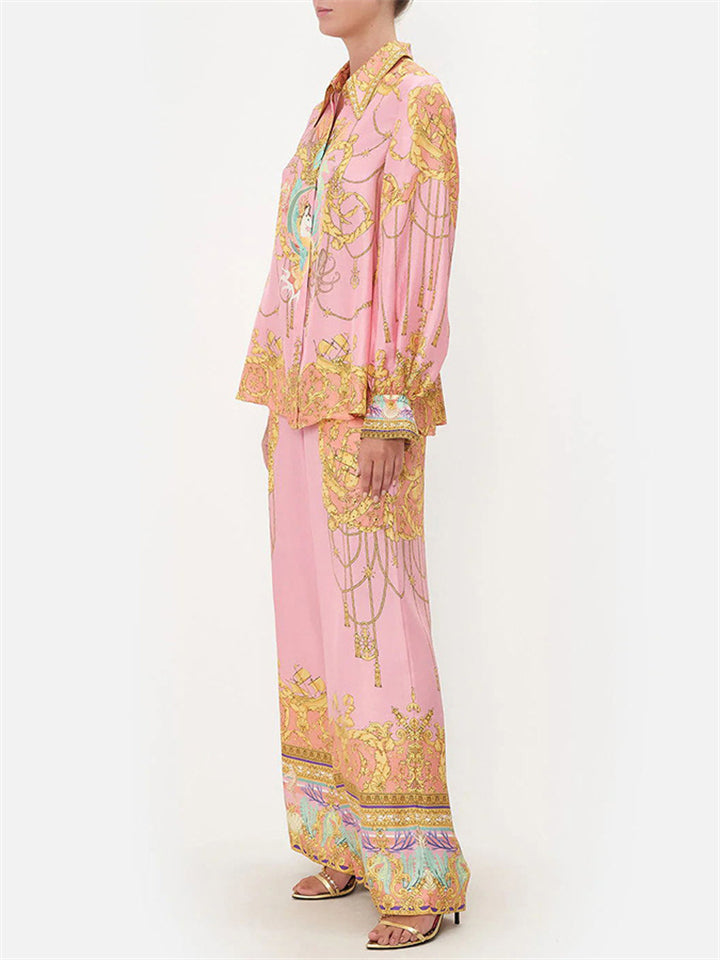 Pink Vintage Print Lantern Sleeve Shirt + Flared Pants for Women
