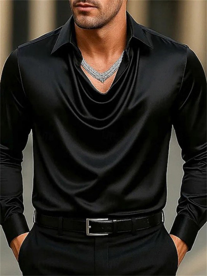 Men's Long Sleeved Cowl Collar Sexy Satin Shirts