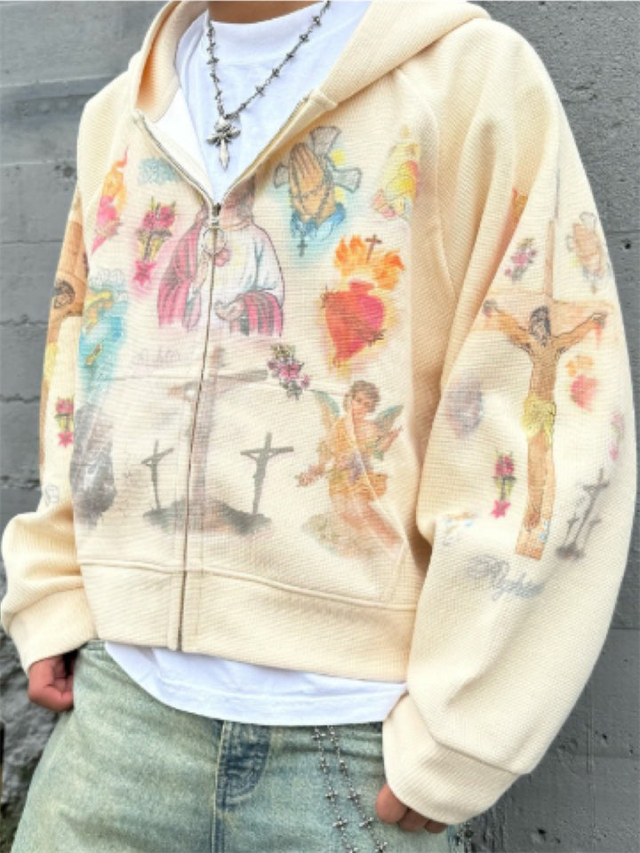 Men's Street Jesus Print Long Sleeve Zip Up Hoodie