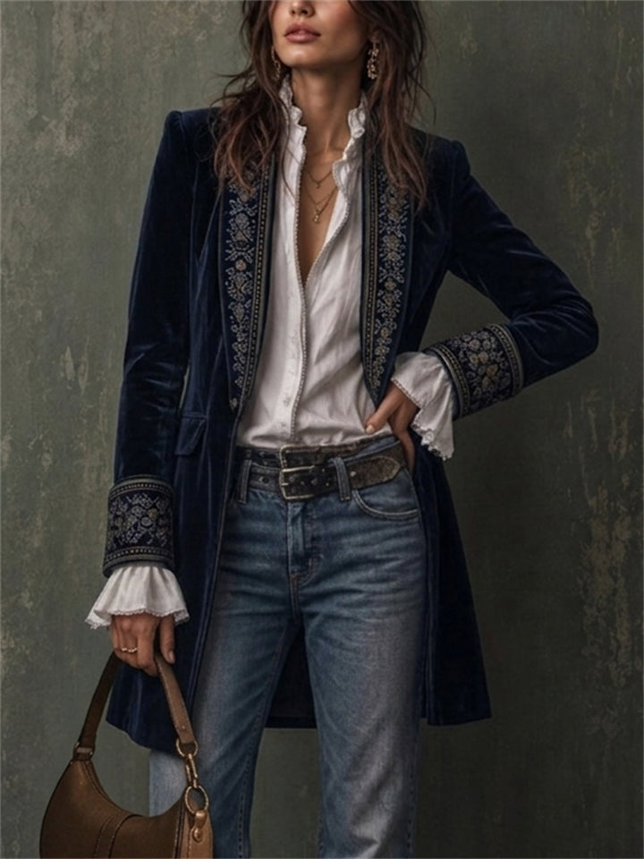 Women Vintage Velvet Embroidered Patchwork Blazer Jacket