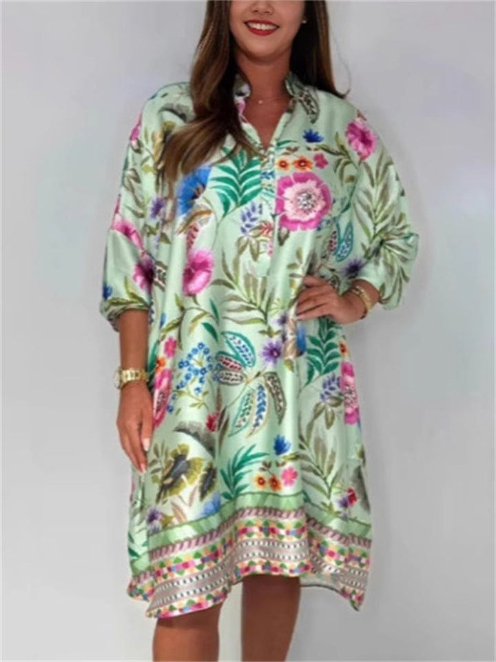 Women's V Neck Trendy Flowers Printed 3/4 Sleeve Dress
