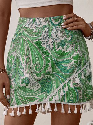 Summer Green Temperament Tassels Printed Ladies Skirts