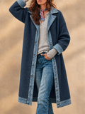 Women Casual Knit Denim Trim Long Cardigan Button Down Coat