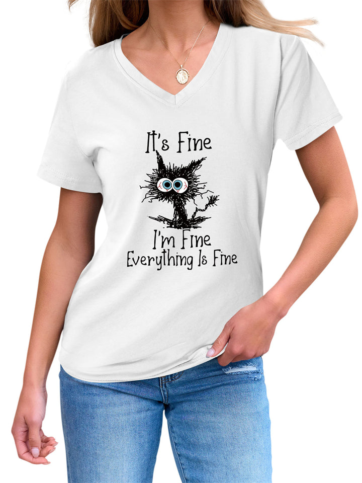 Women's IT'S FINE Letter Print V Neck Short Sleeve Shirts